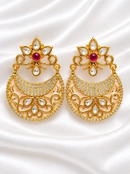 Premium Kundan & Meenakari Crescent Chandbali Earrings with Pink Enamel Accent