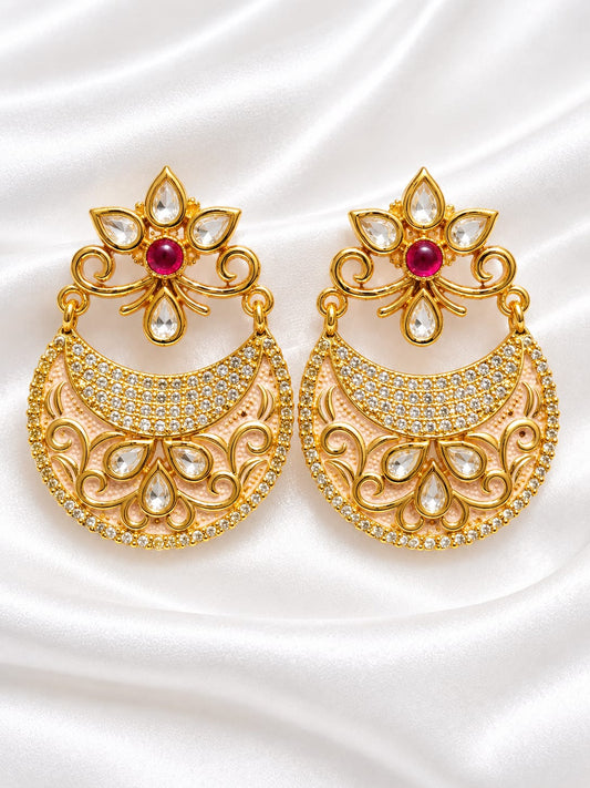Premium Kundan & Meenakari Crescent Chandbali Earrings with Pink Enamel Accent