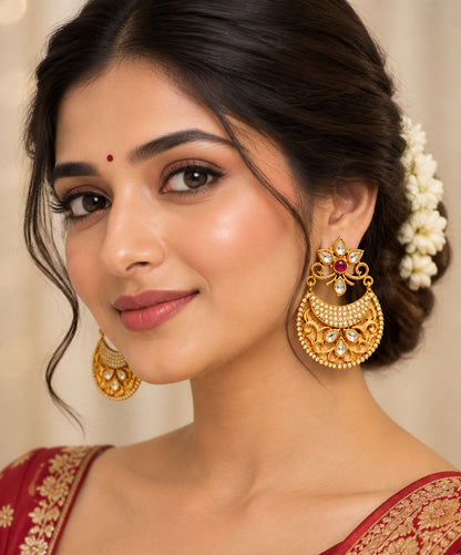 Premium Kundan & Meenakari Crescent Chandbali Earrings with Pink Enamel Accent