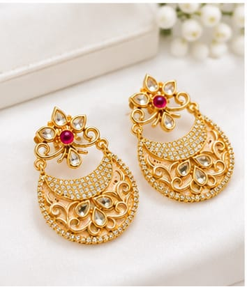 Premium Kundan & Meenakari Crescent Chandbali Earrings with Pink Enamel Accent