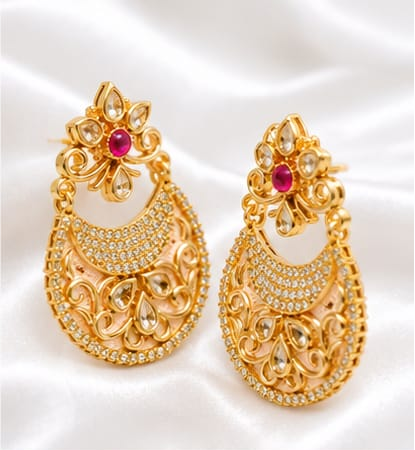 Premium Kundan & Meenakari Crescent Chandbali Earrings with Pink Enamel Accent