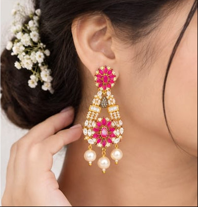 Premium Gold-Plated Ruby Pink & Cubic Zirconia Pearl Drop Statement Earrings