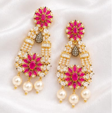 Premium Gold-Plated Ruby Pink & Cubic Zirconia Pearl Drop Statement Earrings