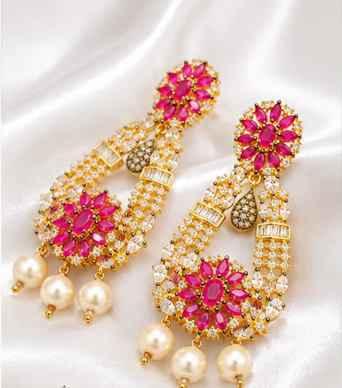 Premium Gold-Plated Ruby Pink & Cubic Zirconia Pearl Drop Statement Earrings