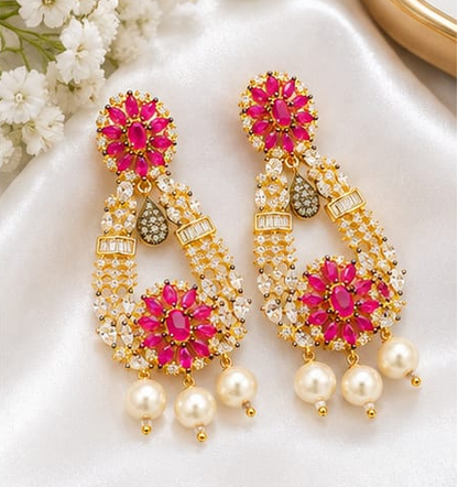 Premium Gold-Plated Ruby Pink & Cubic Zirconia Pearl Drop Statement Earrings