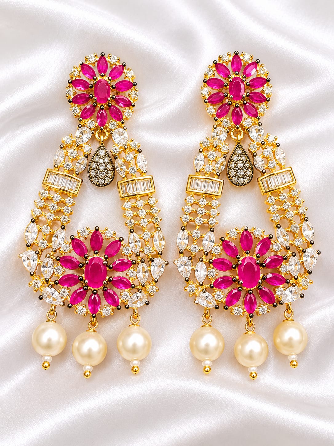 Premium Gold-Plated Ruby Pink & Cubic Zirconia Pearl Drop Statement Earrings