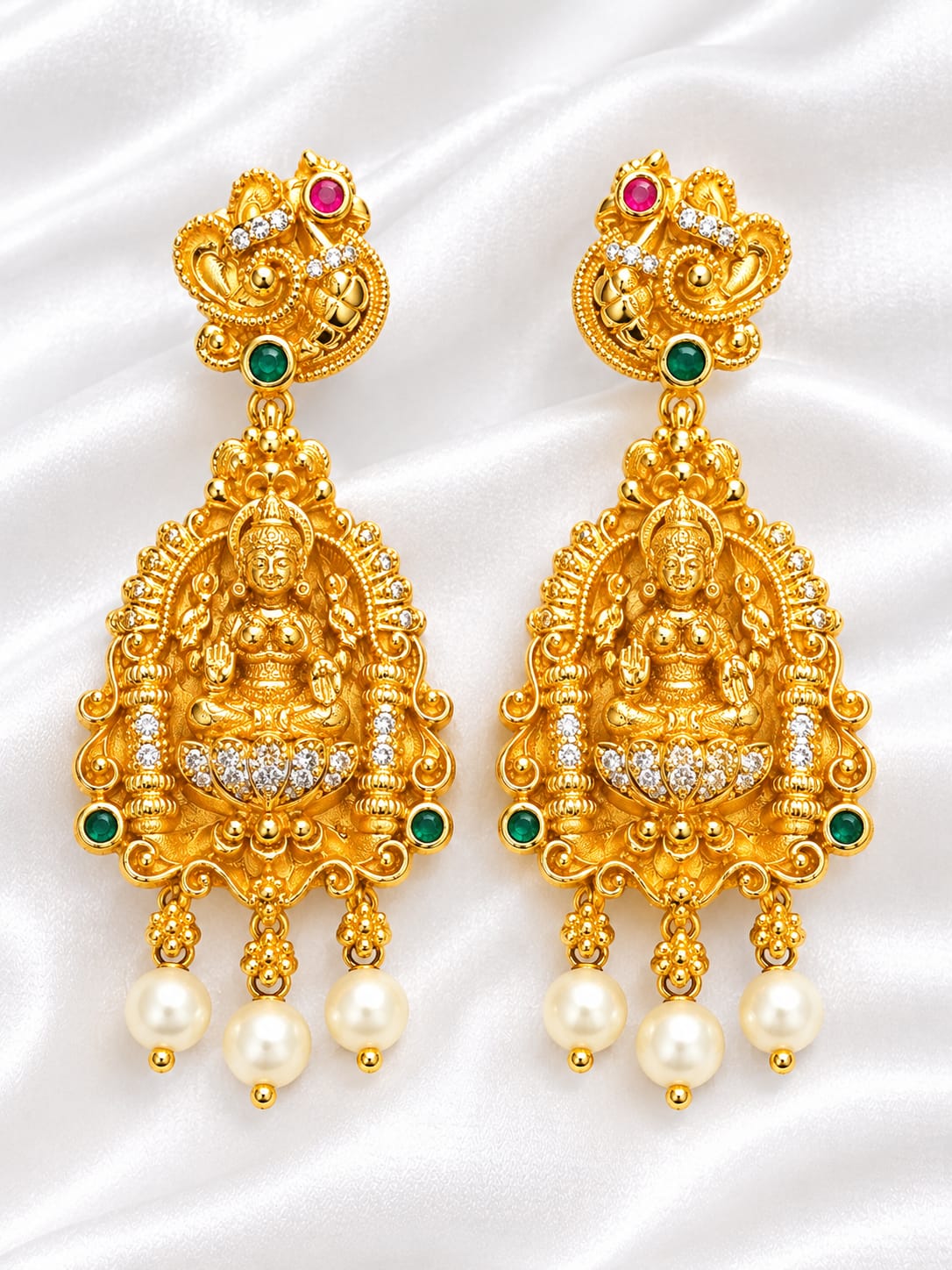 Premium Gold-Plated Goddess Lakshmi Temple Jhumka/Drop Earrings with CZ & Pearls