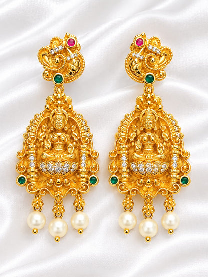 Premium Gold-Plated Goddess Lakshmi Temple Jhumka/Drop Earrings with CZ & Pearls