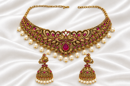 Antique Gold Antique Peacock Choker Necklace Set with Matching Jhumkas