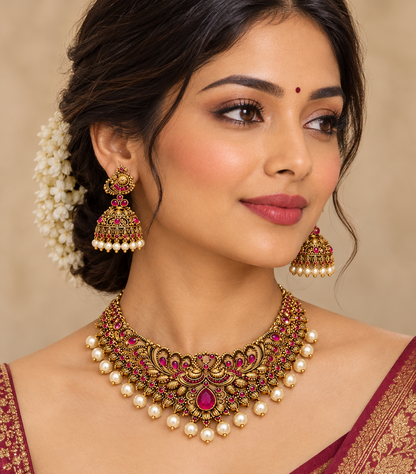Antique Gold Antique Peacock Choker Necklace Set with Matching Jhumkas