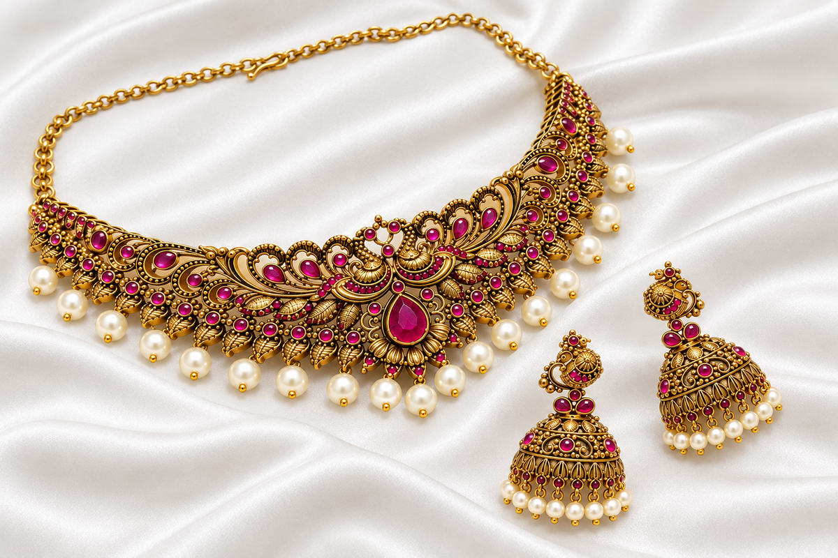 Antique Gold Antique Peacock Choker Necklace Set with Matching Jhumkas