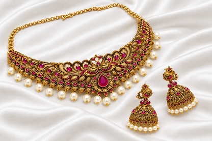 Antique Gold Antique Peacock Choker Necklace Set with Matching Jhumkas
