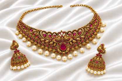 Antique Gold Antique Peacock Choker Necklace Set with Matching Jhumkas