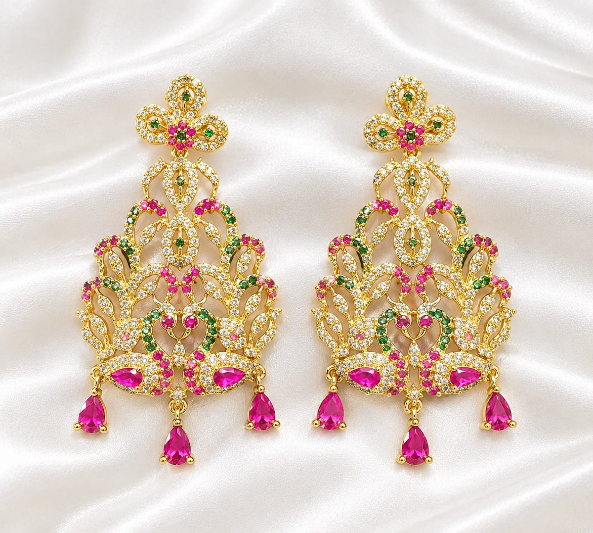 Gold-Plated Peacock Chandelier Earrings with Ruby-Pink & Emerald CZ Stones