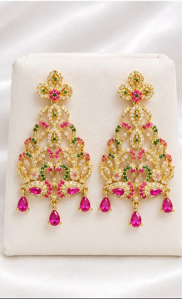 Gold-Plated Peacock Chandelier Earrings with Ruby-Pink & Emerald CZ Stones