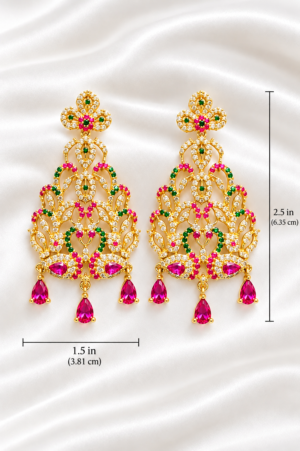 Gold-Plated Peacock Chandelier Earrings with Ruby-Pink & Emerald CZ Stones