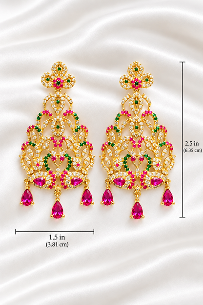 Gold-Plated Peacock Chandelier Earrings with Ruby-Pink & Emerald CZ Stones