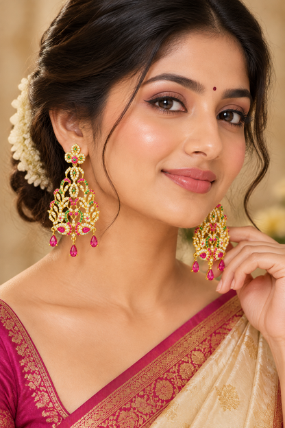 Gold-Plated Peacock Chandelier Earrings with Ruby-Pink & Emerald CZ Stones