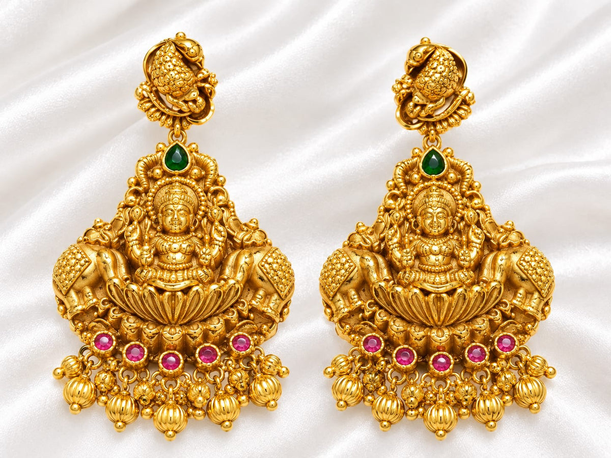Premium Antique Gold-Plated Gajalakshmi Temple Earrings with Ruby & Emerald Stones