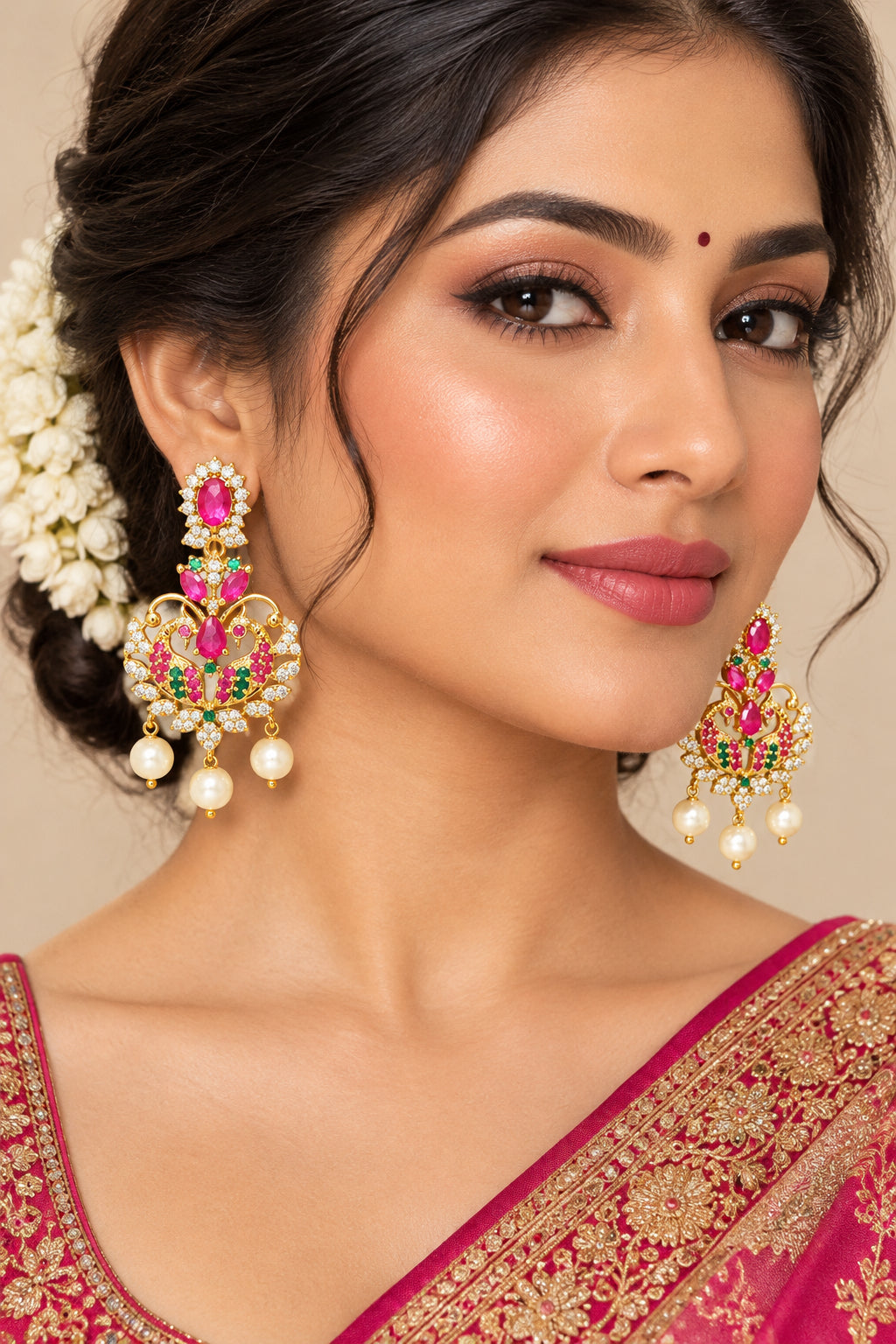 Gold-Plated Peacock Chandbali Drop Earrings with Ruby, Emerald & CZ Stones