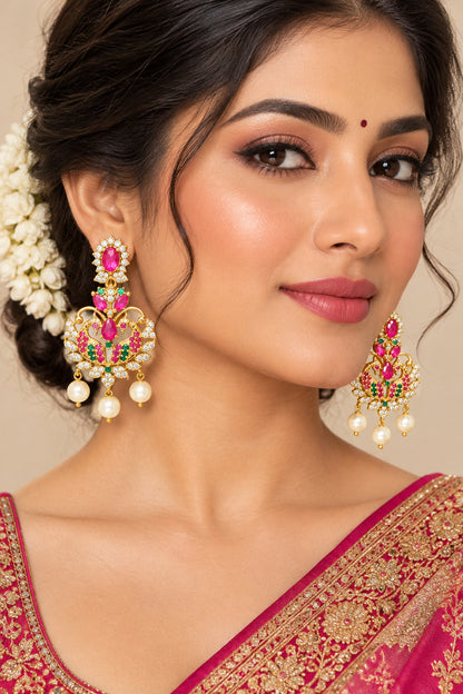 Gold-Plated Peacock Chandbali Drop Earrings with Ruby, Emerald & CZ Stones