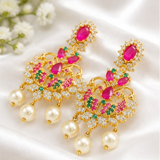 Gold-Plated Peacock Chandbali Drop Earrings with Ruby, Emerald & CZ Stones