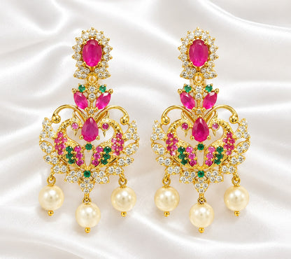 Gold-Plated Peacock Chandbali Drop Earrings with Ruby, Emerald & CZ Stones