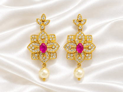 Gold-Plated Ruby-Pink & CZ Floral Starburst Drop Earrings with Pearl