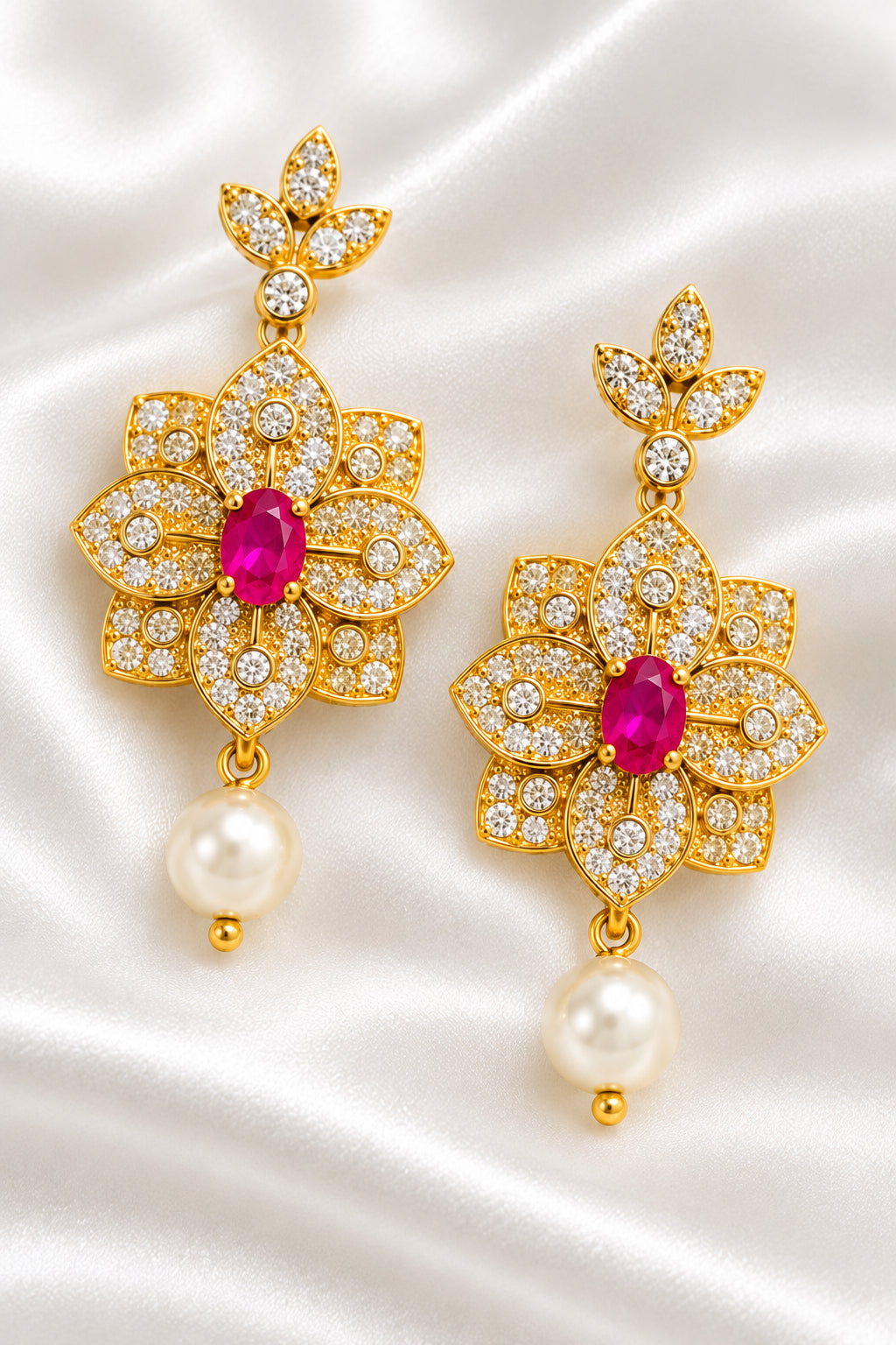 Gold-Plated Ruby-Pink & CZ Floral Starburst Drop Earrings with Pearl