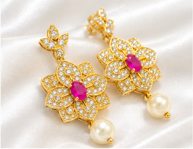 Gold-Plated Ruby-Pink & CZ Floral Starburst Drop Earrings with Pearl