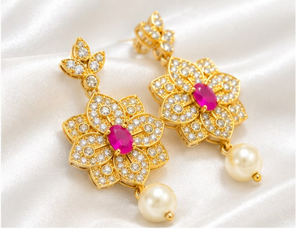 Gold-Plated Ruby-Pink & CZ Floral Starburst Drop Earrings with Pearl