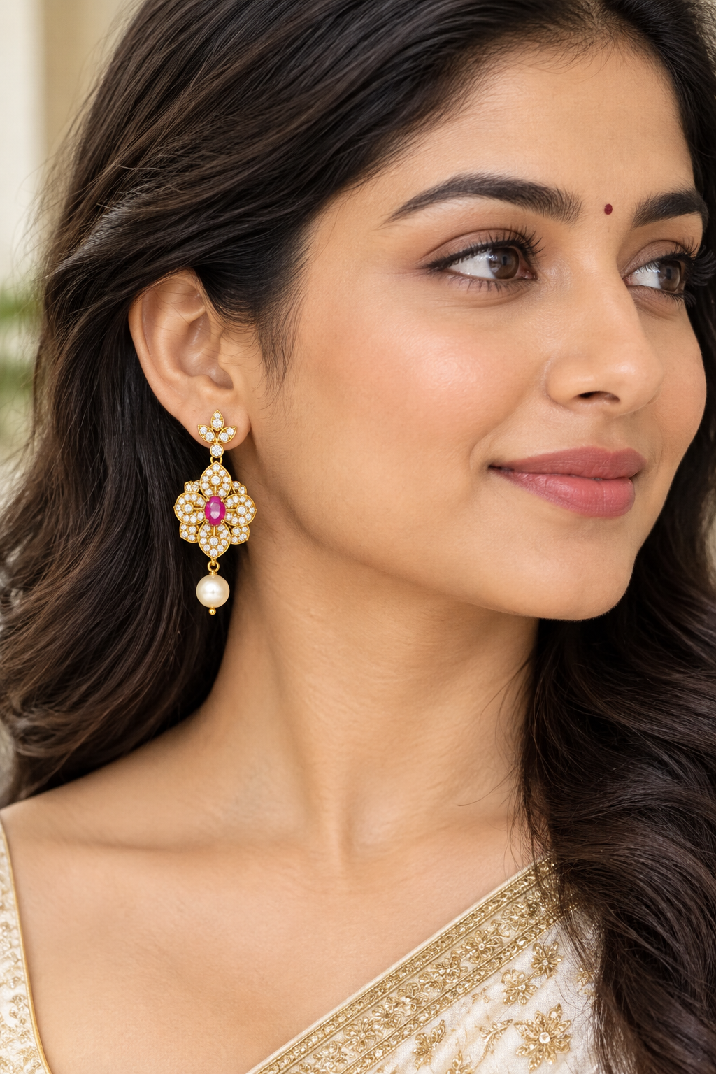 Gold-Plated Ruby-Pink & CZ Floral Starburst Drop Earrings with Pearl
