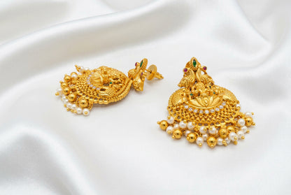 Traditional South Indian Temple Jewelry Lakshmi &amp; Elephant Earrings with Gold Beads