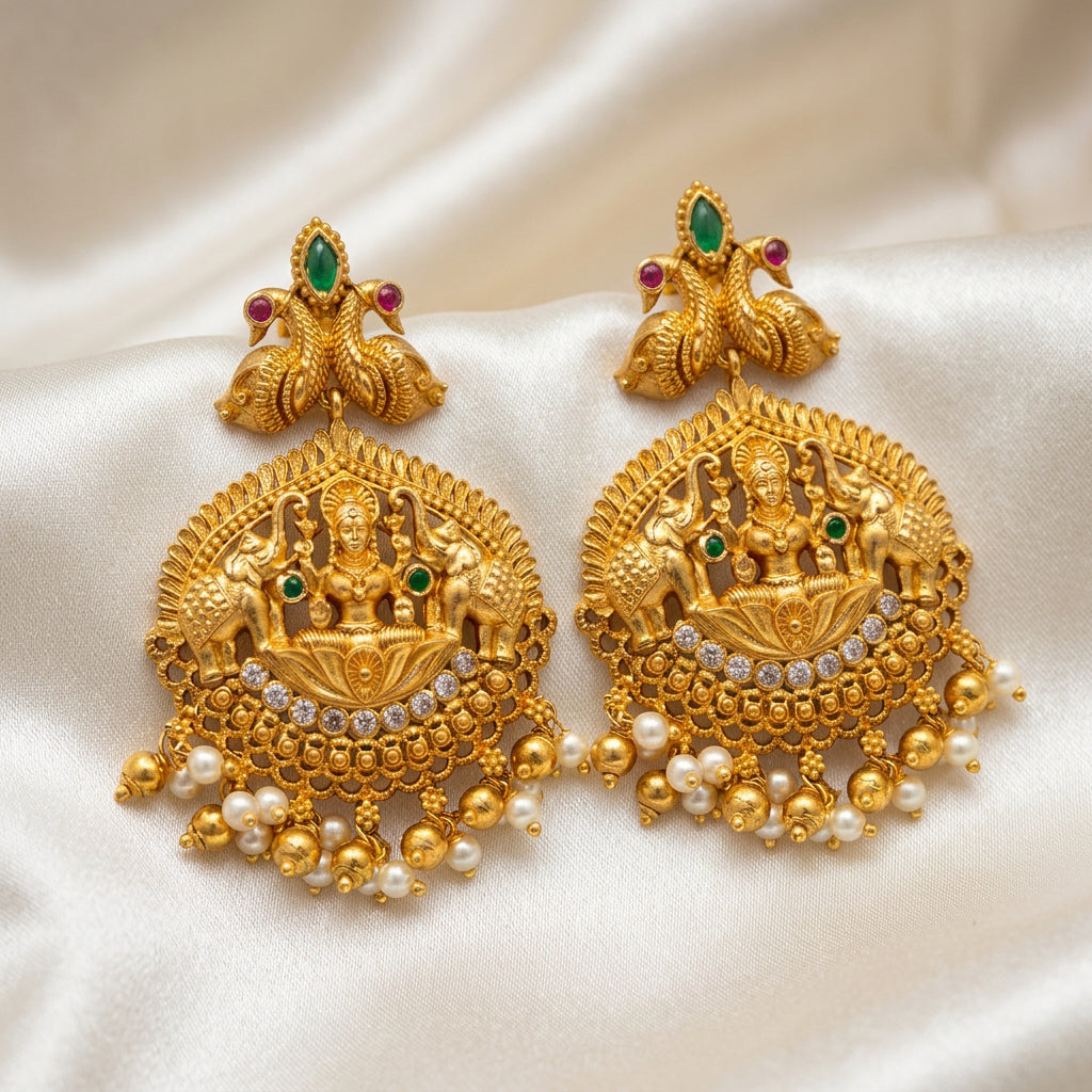 Traditional South Indian Temple Jewelry Lakshmi &amp; Elephant Earrings with Gold Beads