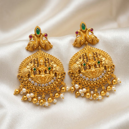Traditional South Indian Temple Jewelry Lakshmi &amp; Elephant Earrings with Gold Beads