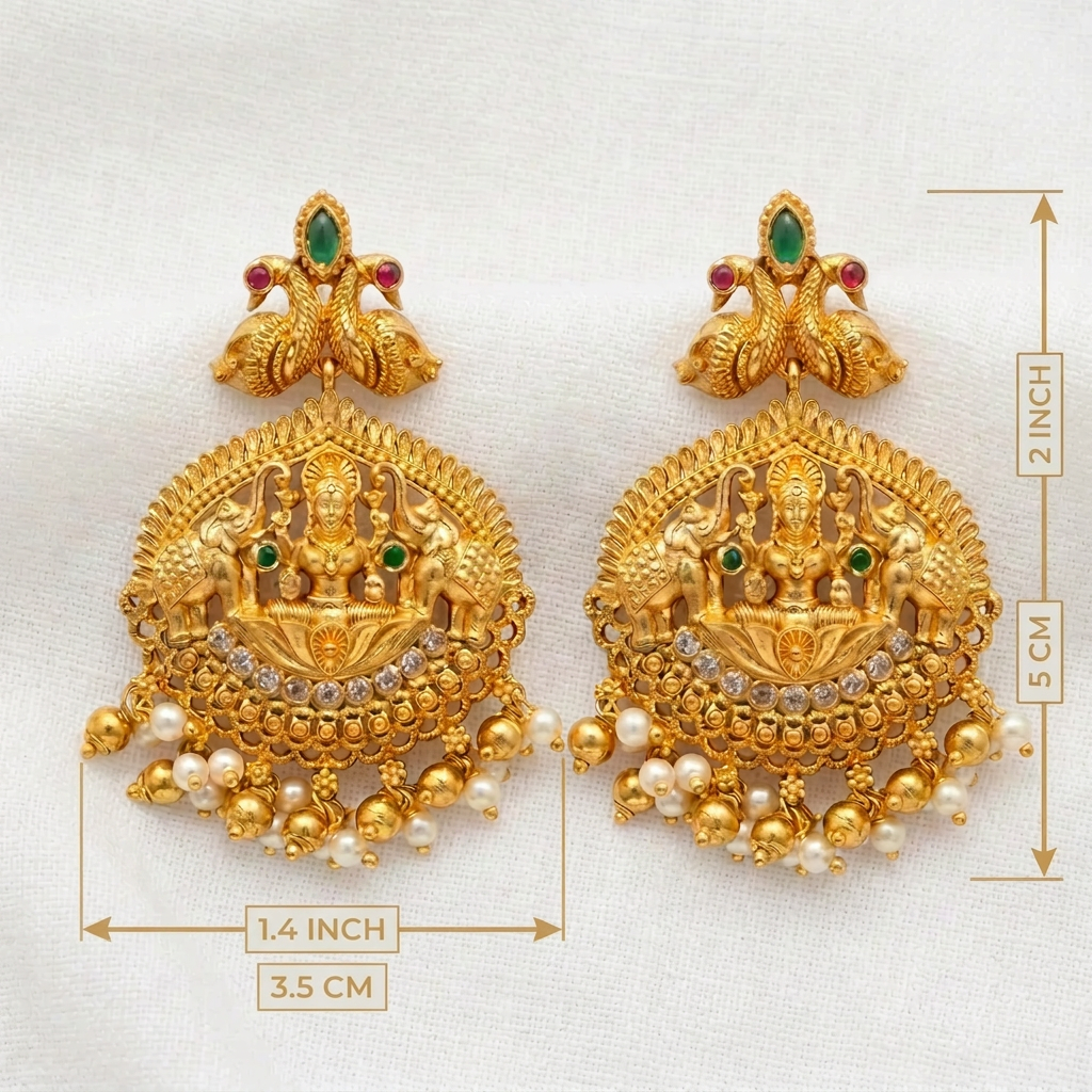 Traditional South Indian Temple Jewelry Lakshmi &amp; Elephant Earrings with Gold Beads
