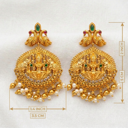 Traditional South Indian Temple Jewelry Lakshmi &amp; Elephant Earrings with Gold Beads