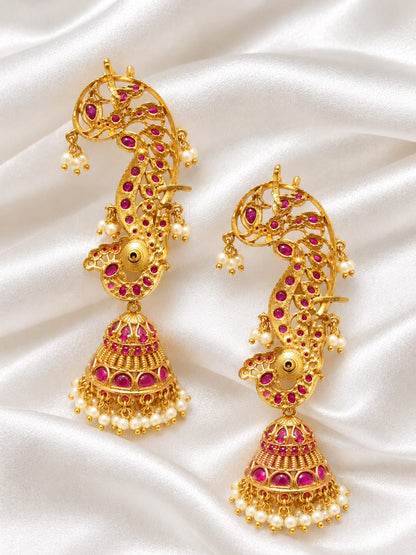 Traditional South Indian Kemp Stone Ear Cuff Jhumka Set with Pearl Hangings