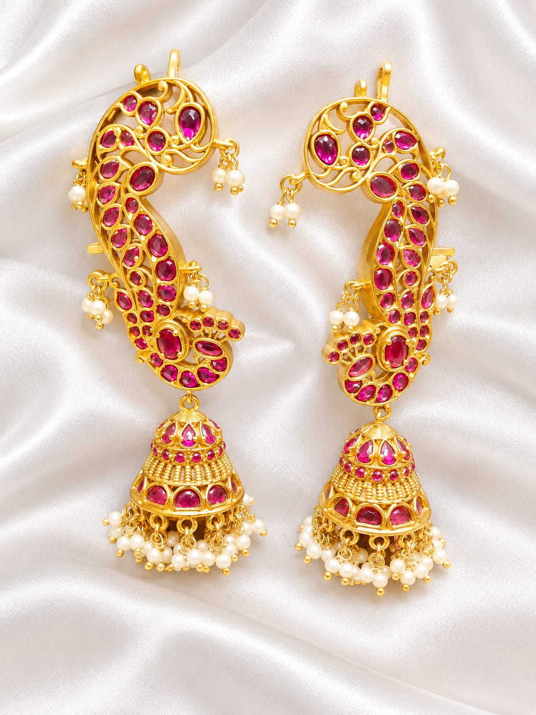 Traditional South Indian Kemp Stone Ear Cuff Jhumka Set with Pearl Hangings