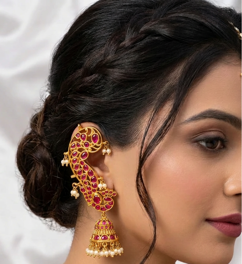 Traditional South Indian Kemp Stone Ear Cuff Jhumka Set with Pearl Hangings