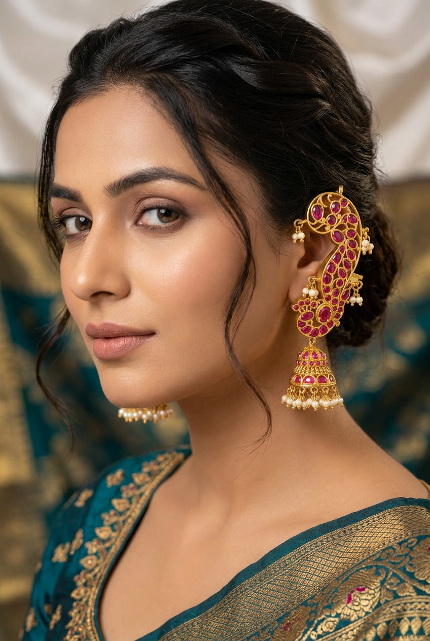 Traditional South Indian Kemp Stone Ear Cuff Jhumka Set with Pearl Hangings