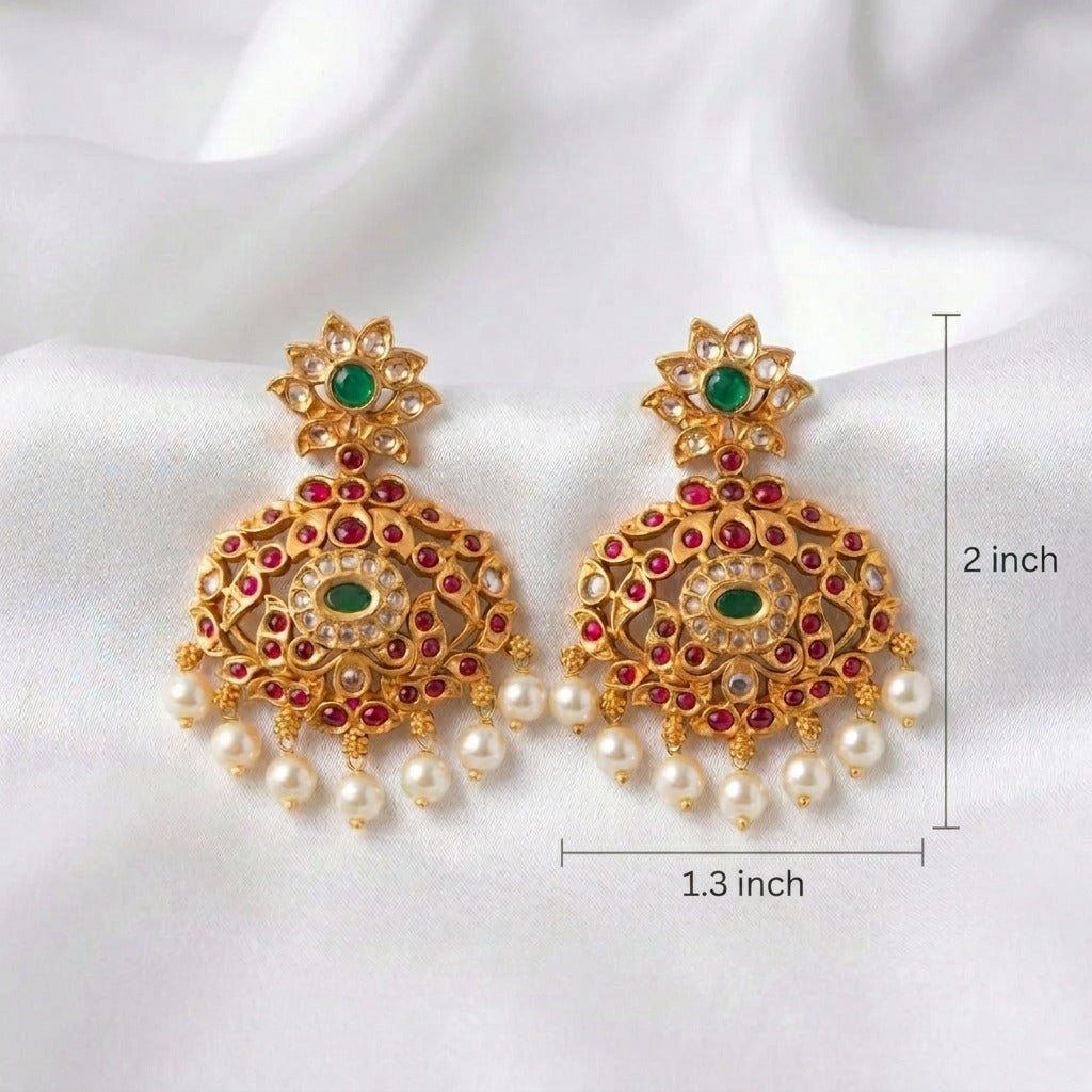 Traditional South Indian Floral Kemp Stone Drop Earrings with Pearl Hangings