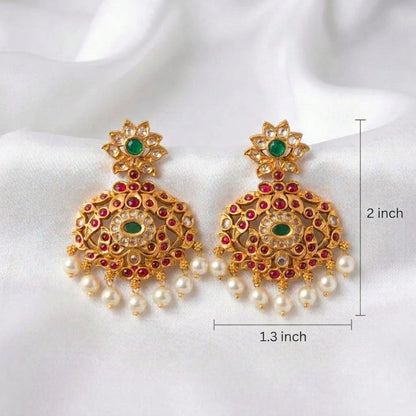 Traditional South Indian Floral Kemp Stone Drop Earrings with Pearl Hangings