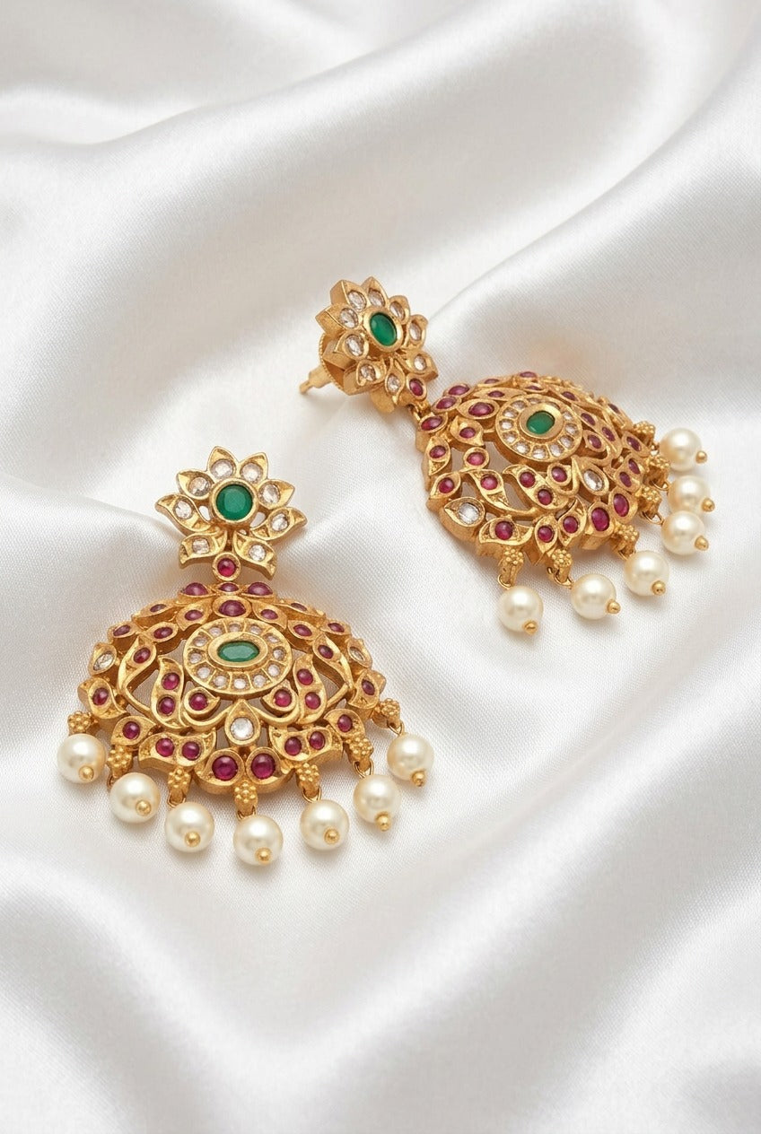 Traditional South Indian Floral Kemp Stone Drop Earrings with Pearl Hangings