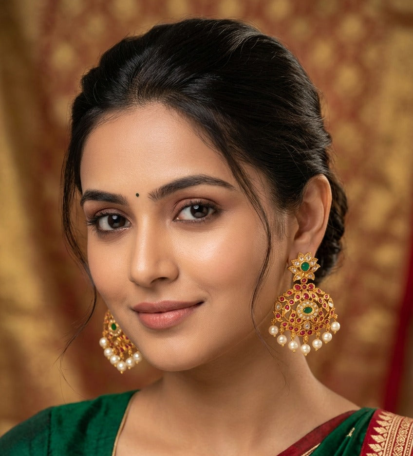 Traditional South Indian Floral Kemp Stone Drop Earrings with Pearl Hangings