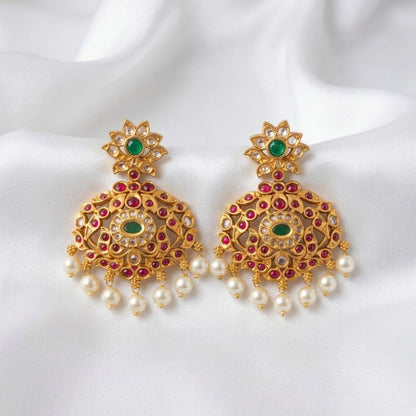 Traditional South Indian Floral Kemp Stone Drop Earrings with Pearl Hangings