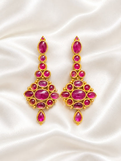 Royal Ruby Red Statement Drop Earrings | Gold-Plated Kemp Danglers