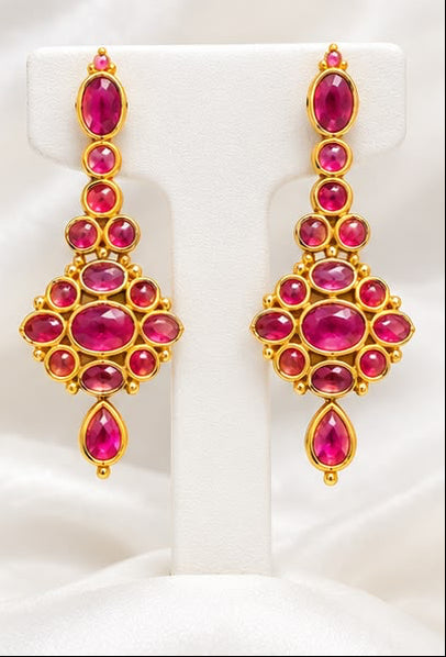 Royal Ruby Red Statement Drop Earrings | Gold-Plated Kemp Danglers