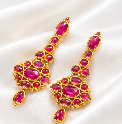 Royal Ruby Red Statement Drop Earrings | Gold-Plated Kemp Danglers