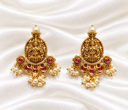 Traditional Temple Jewelry Lakshmi Stud Earrings with Pink Kemp & Pearl Droplets